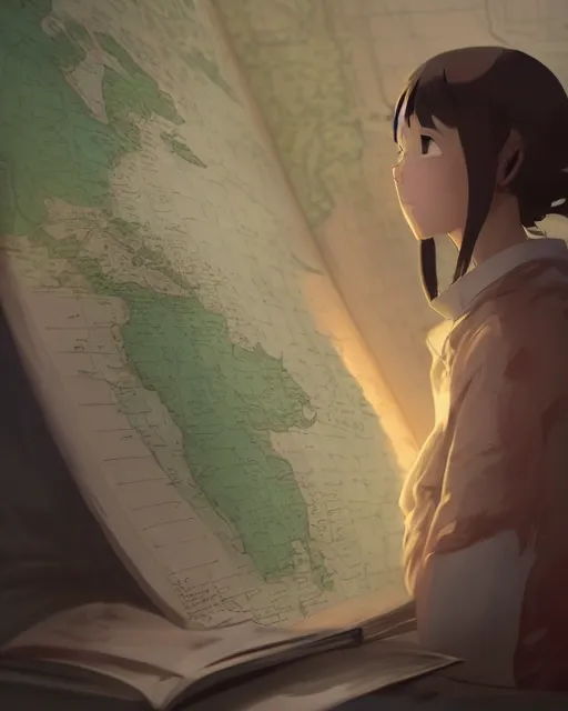 Image similar to a girl reading a map, full shot, atmospheric lighting, detailed face, by makoto shinkai, stanley artger m lau, wlop, rossdraws, james jean, andrei riabovitchev, marc simonetti, krenz c