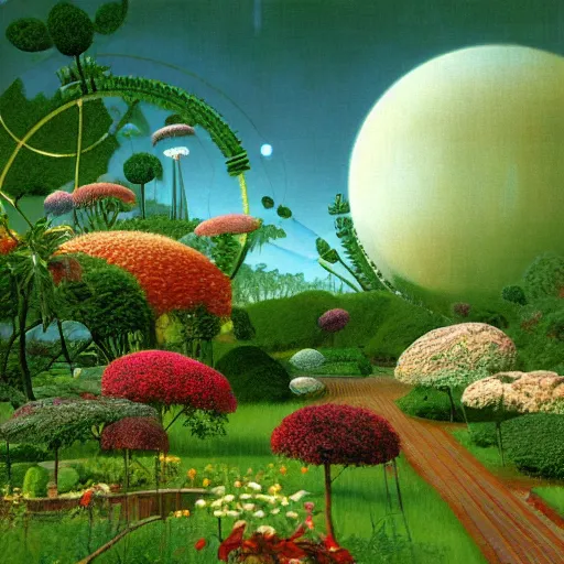 Image similar to a garden in orbit around saturn, 8 k, lowbrow, digital art, unreal engine, in the style of martin johnson heade, roger dean and john bauer,