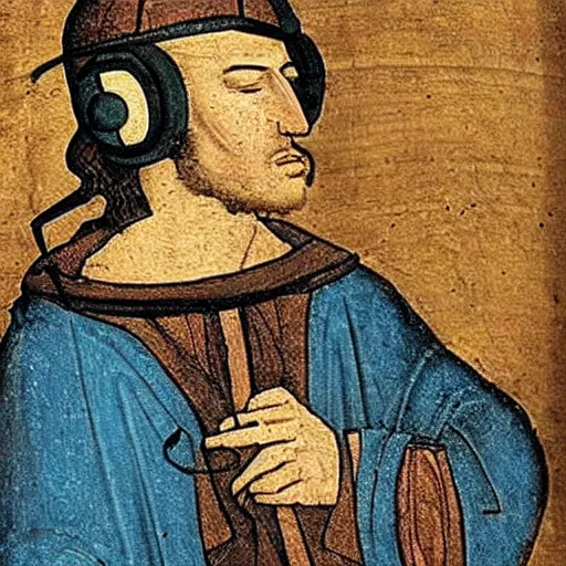 Image similar to Medieval painting of a man listening to sick beats on his headphones