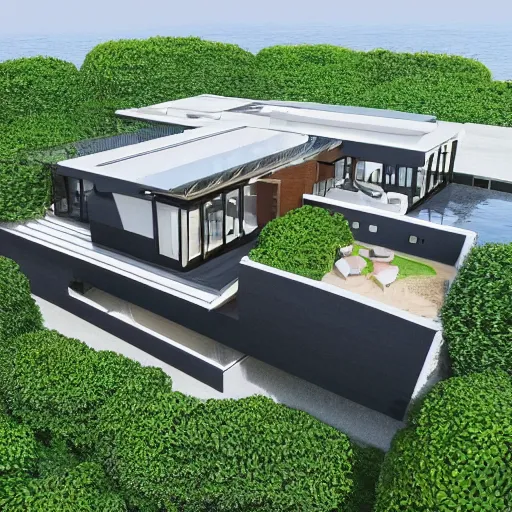Prompt: a black modern mansion on an island by itself, award winning, 8k, ultra realistic,