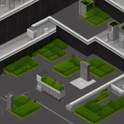 Prompt: Isometric game, 4k, dramatic lighting, unreal engine, abandoned laboratory, brutalist, light greens and whites