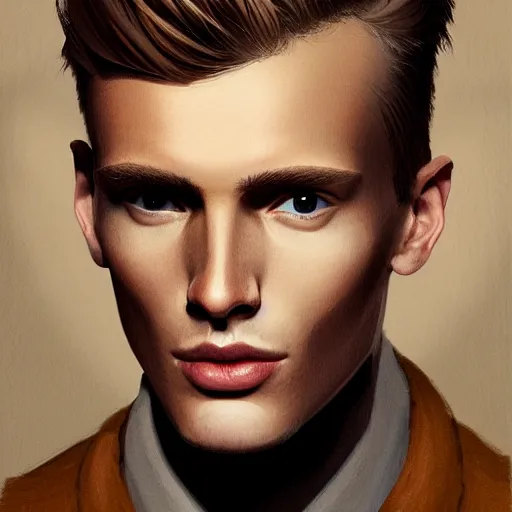 Image similar to tall man in his twenties with brown blond short quiff hair and thin slightly round facial structure with cleft chin, straight eyebrows and prominent nose, good definition of cheekbones, big hazel nut brown eyes, narrow face, slim body, atmospheric lighting, painted, intricate, 4 k, highly detailed by charlie bowater