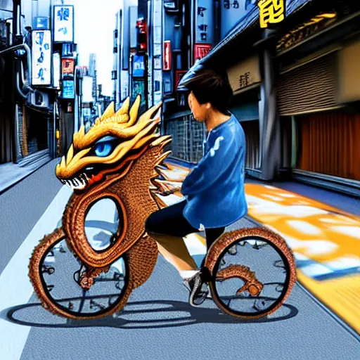 Image similar to a digital painting of a real dragon is riding a bike in the streets of Tokyo