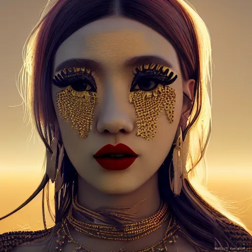 Prompt: giesha demon, innovative avant-garde art, deco fashion, asian women, highly detailed, photorealistic portrait, serene desert setting, golden hour, crisp quality and light reflections, octane render