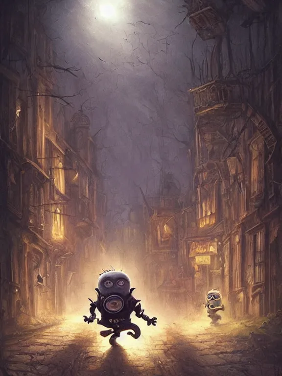 Prompt: lots of scary Minions chasing me at night,dark street,dim light,realistic,by Alex Horley,Heather Theurer,aaron horkey,Greg Rutkowski,trending on pinterest,full of color,cinematic,cinematic lighting