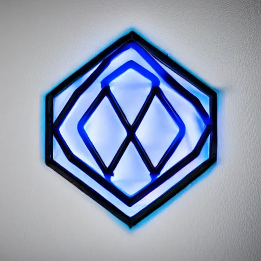 Prompt: a blue neon light hexagon with an door in the middle