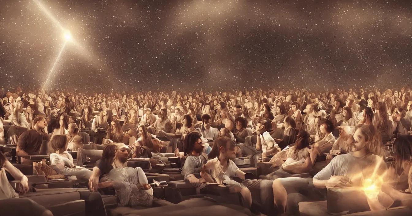 Prompt: Human egos are trapped in the illusion of physical reality, sitting in a movie theater, watching the light of consciousness project their lives onto a giant screen, realistic image full of sense of spirituality, life meaning, meaining of physical reality, happy atmosphere, render in Vray