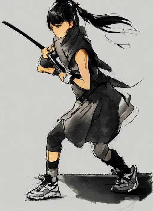 Image similar to a yoji shinkawa sketch of a ninja tennis player girl holding a sword wearing a puffy anorak and short white skirt and yeezy 5 0 0 sneakers