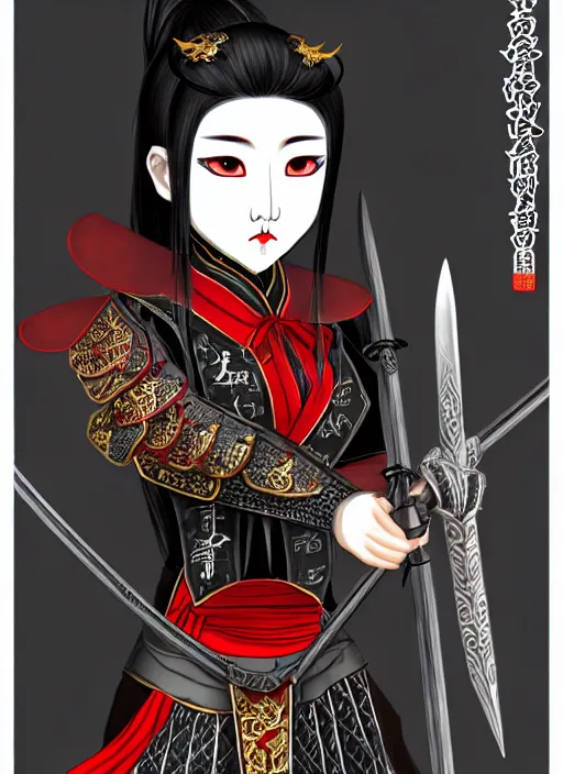 Prompt: female vampire jinyiwei wearing black heavy armor and wielding a nodachi, jinyiwei, embroidered uniform guard, chinese armor, historical armor, nodachi, japanese great sword, ming dynasty, chinese fantasy, detailed, realistic, anatomically accurate, in the style of ghostblade, wlop.