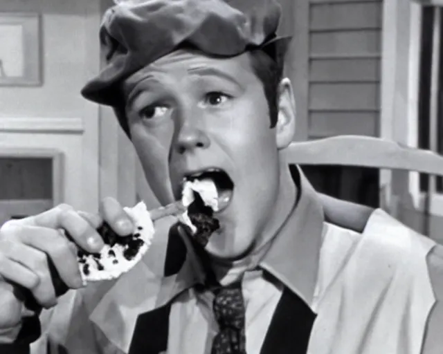 Prompt: Wally Cleaver eating a ChocoTaco on Leave It To Beaver, black and white television still