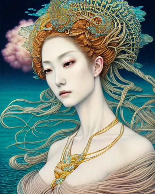 Prompt: portrait of a beautiful sea goddess, sweet, graceful, esoteric, muted colors, head in focus, fantasy art, ornamental aesthetics, intricate, elegant, highly detailed, hyperrealistic painting, artstation, concept art, painterly, sharp focus, illustration, art by chie yoshii