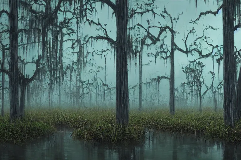 Image similar to scene from louisiana swamps,, neon cross, voodoo, 8 k, hyper detailed, artwork by tim eitel