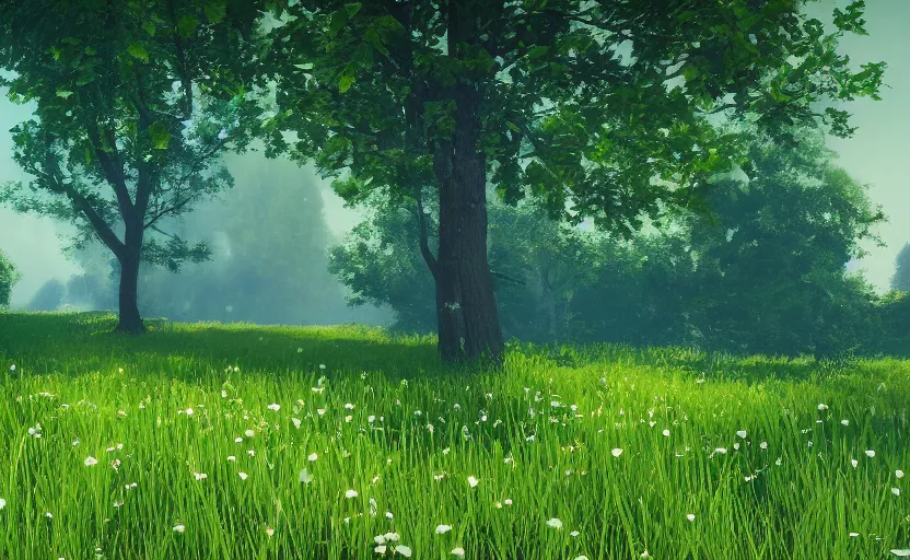 Image similar to beautiful green meadow, in the style of anessa silzer on artstation and salva gomez on artstation, 4 k,