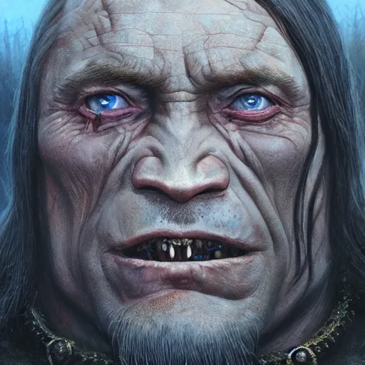 Image similar to vladimir putin, lord of the rings orcs leader, macabre by donato giancola and greg rutkowski and wayne barlow and zdzisław beksinski, realistic face, digital art