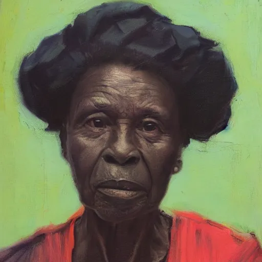 Image similar to a painting of a elder woman by Lynette Yiadom-Boakye . details, smooth, sharp focus, illustration, realistic, cinematic, artstation, award winning, rgb , unreal engine, octane render, cinematic light, macro, depth of field, blur, red light and clouds from the back, highly detailed epic cinematic concept art CG render made in Maya, Blender and Photoshop, octane render, excellent composition, dynamic dramatic cinematic lighting, aesthetic, very inspirational, arthouse.