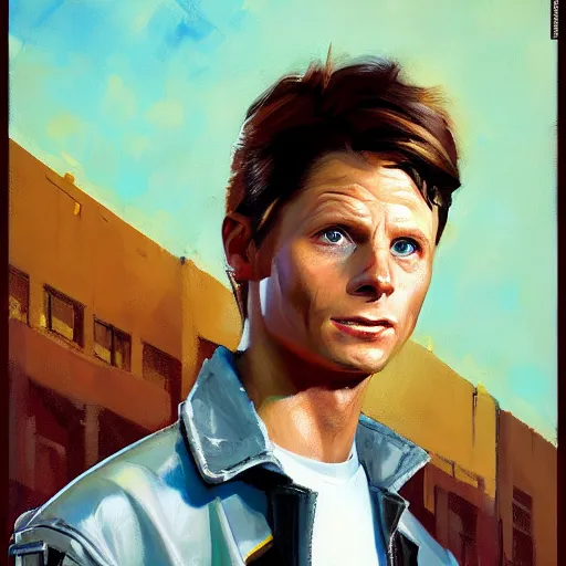 Image similar to greg manchess portrait painting of marty mcfly from back to the future as overwatch character, medium shot, asymmetrical, profile picture, organic painting, sunny day, matte painting, bold shapes, hard edges, street art, trending on artstation, by huang guangjian, gil elvgren, ruan jia, randy vargas, greg rutkowski