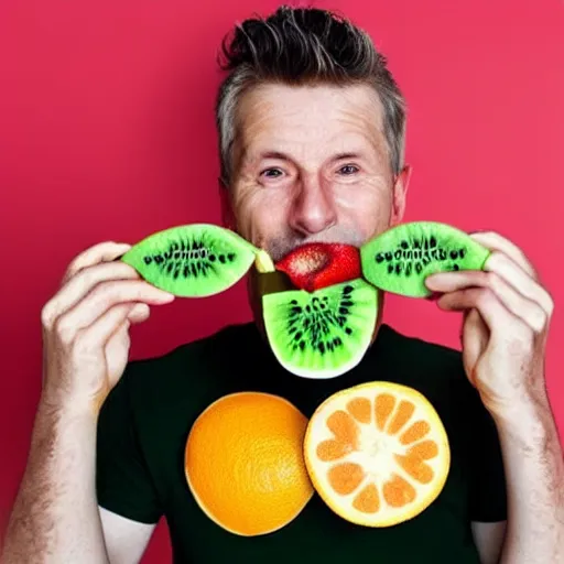 Image similar to man eating fruit made out of paper