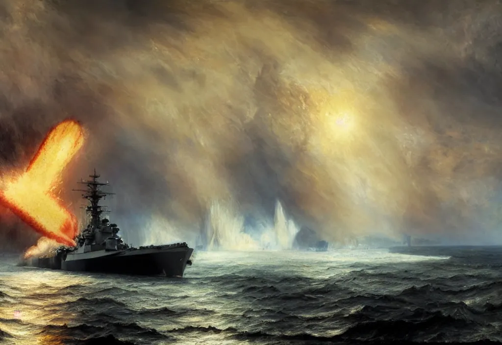 Prompt: the wwii battleship USS iowa firing a nuclear warhead at an island fortress in the style of william turner coastal landscape. dramatic concept art, 4k, high detail, volumetric lighting