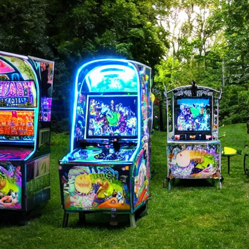 Image similar to al fresco arcade holographic pinball tables in the garden ruins, tree spirits kodama forestfolk excitedly gather round to set a new high score, neon pinball fantasy forest festival