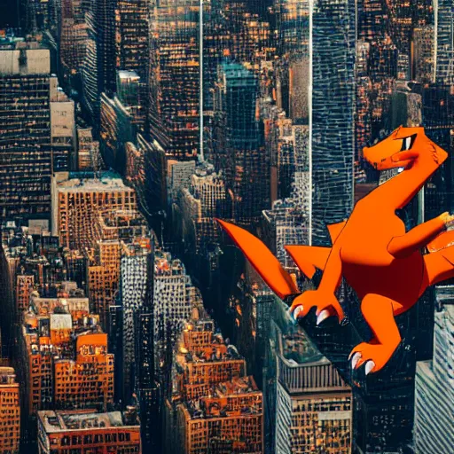 Image similar to charizard flying above new york, videogame still, portrait, 4 0 mm lens, shallow depth of field, close up, split lighting, cinematic