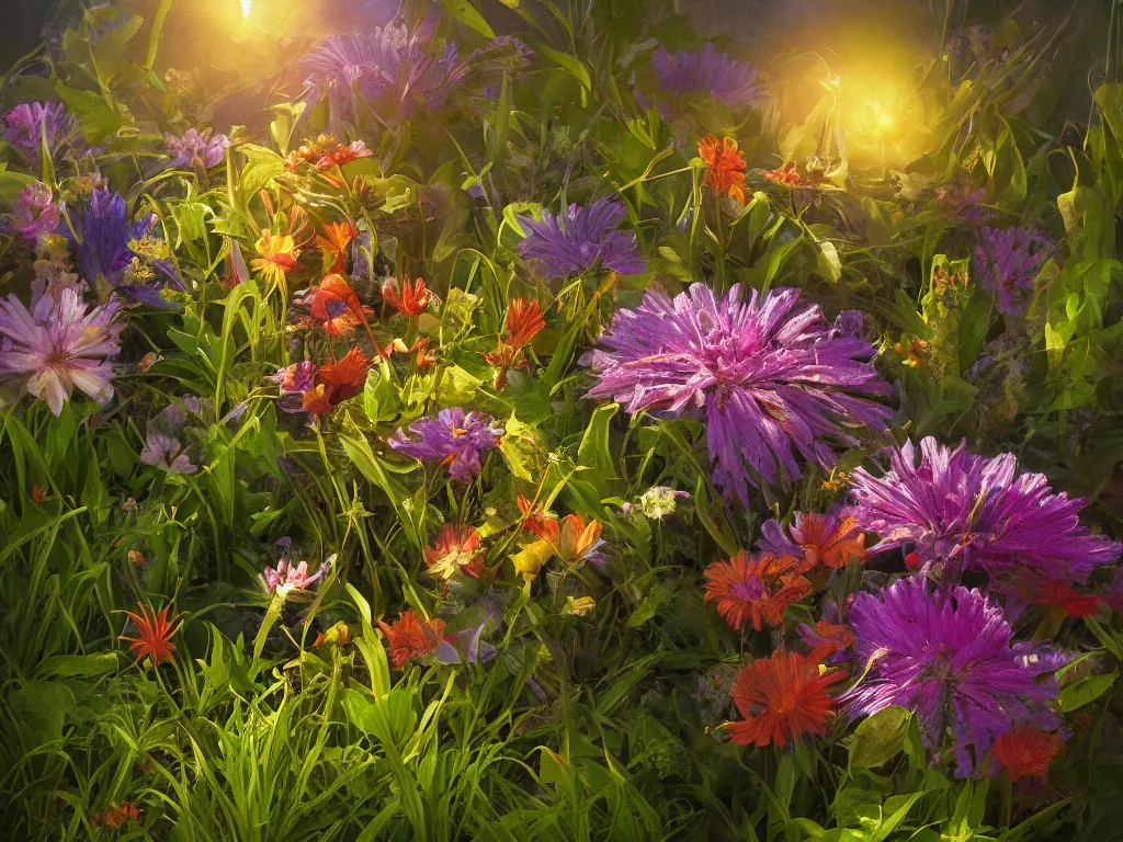 Prompt: sunlight study, wildflower undergrowth within the orb, art nouveau, by jan davidz de heem and ( ( ( ( ( lisa frank ) ) ) ) ), 8 k, sharp focus, octane render, kauai