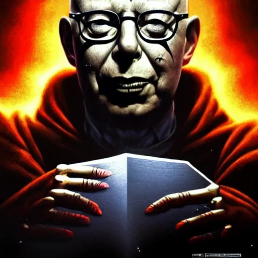 Prompt: uhd photorealistic dark scifi illustration of klaus schwab, reading necronomicon wearing bizarre voodoo makeup. cinematic lighting, in the style of akira toriyama, beksisnski, amano and karol bak, scifi, fantasy, hyperdetailed.