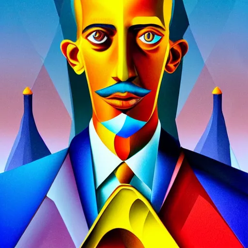 Image similar to ultra realistic portrait ofa man in suit in a studio, ultra detailed, under blue, red and yellow cinematic lighting, salvador dali, cartoon, monument valley, escher