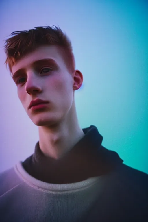 Image similar to high quality pastel coloured film mid angle selfie photograph of a beautiful young 2 0 year old male, soft features, standing in an icelandic black rock environment. atmospheric. three point light. photographic. art directed. ( pastel colours ). volumetric light. stark. waves glitch. 8 k. filmic.