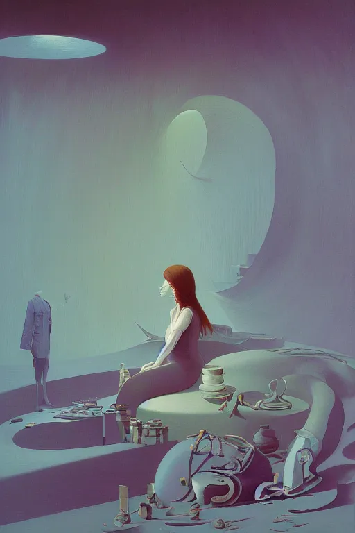 Image similar to Alice portrait in the wonder trash land Edward Hopper and James Gilleard, Zdzislaw Beksisnski, higly detailed