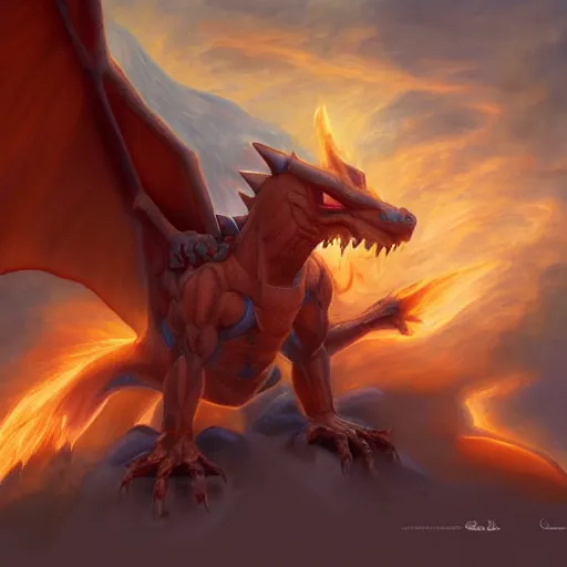 Image similar to Charizard, detailed, centered, digital painting, artstation, concept art, donato giancola, Joseph Christian Leyendecker, WLOP, Boris Vallejo, Breathtaking, 8k resolution, extremely detailed, beautiful, establishing shot, artistic, hyperrealistic, beautiful face, octane render, cinematic lighting, dramatic lighting, masterpiece