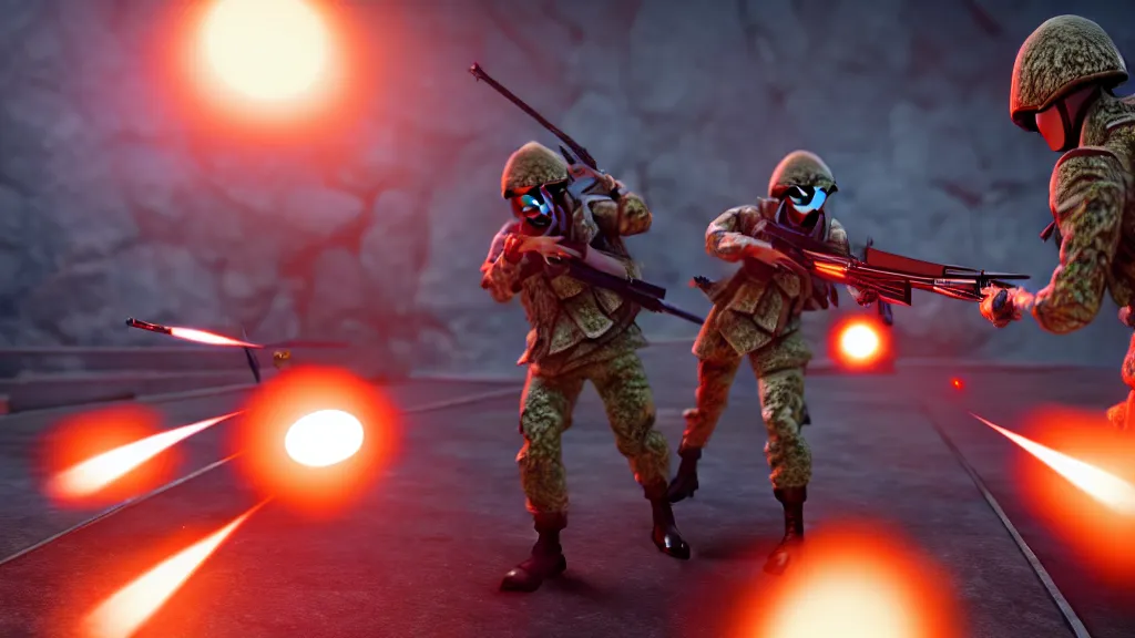 Image similar to two futuristic japanese soldiers firing away from the camera, eye catching composition, realistic, unreal engine 5, global illumination, detailed environment, bright colours, cinematic, atmosphere, 4 k