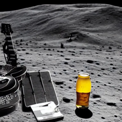 Image similar to a photo of a detailed, realistic, idle, regular sized electric guitar next to a beer can on the moon. detailed photo. realistic photo