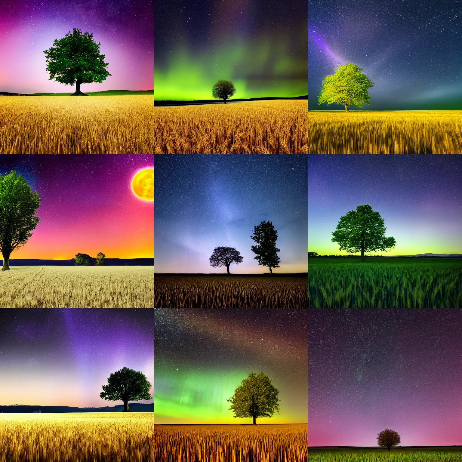 Prompt: lone Oak tree in the distance at end of wheat field, moonlight, aurora borealis, milky way, landscape photography, hyper-realistic