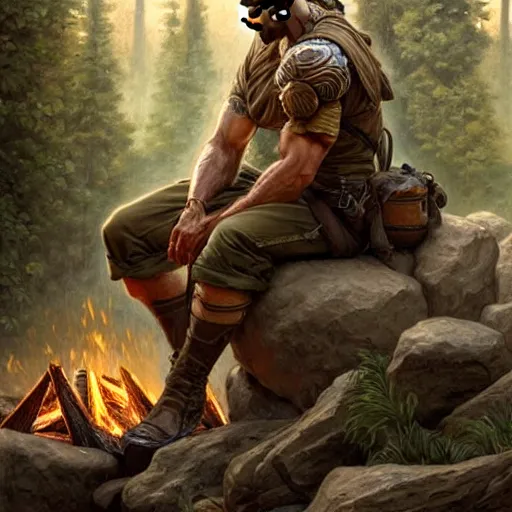 Image similar to Rugged male ranger relaxing by the fire, relaxed, D&D, muscular, upper body, fantasy, intricate, elegant, highly detailed, digital painting, artstation, concept art, smooth, sharp focus, illustration, art by artgerm and greg rutkowski and alphonse mucha