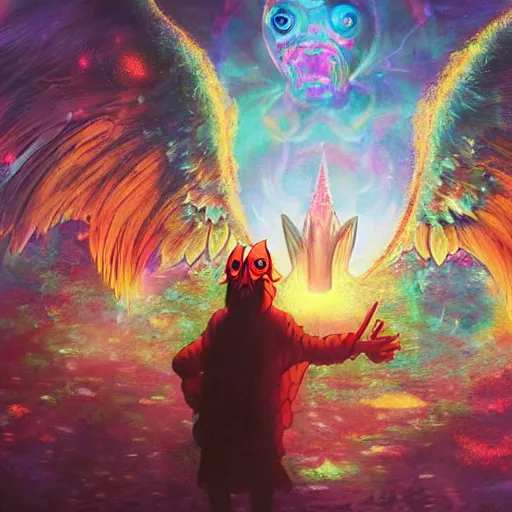 Image similar to 8K centered headshot Portrait of a psychedelic godlike mothman with giant mandala wings smoking a hand-rolled cigarette smoking heavily , magic mushroom village in background , post-processing , award winning. superb resolution. in the art style of Satoshi Kon and Greg Rutkowski . Detailed Mushroom city in background. Hyper realistic anime. Perfect art. Dalle2