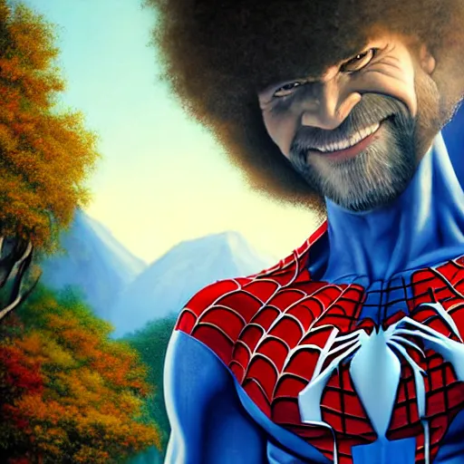 Image similar to a closeup photorealistic photograph of bob ross working on a canvas painting of spiderman. film still. brightly lit scene. mountains and trees. this 4 k hd image is trending on artstation, featured on behance, well - rendered, extra crisp, features intricate detail, epic composition and the style of unreal engine.