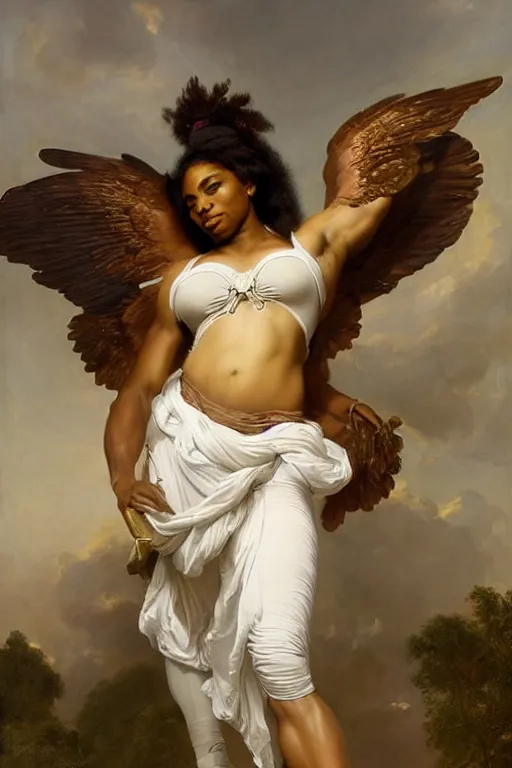 Image similar to Portrait of Serena Williams as Nike Goddess, large wings, luxuriant, dreamy, eternity, romantic, strong pose, highly detailed, in the style of Franz Xaver Winterhalter, highly detailed, in the style of Aetherpunk