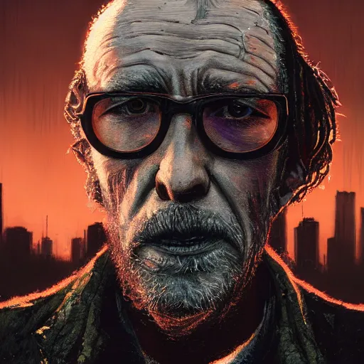 Prompt: cyberpunk, closeup portrait of a shaggy old cyberpunk fence, crooked teeth, bald, tired eyes, tattered tweed jacket, dramatic light, city background, sunset, dystopian setting, high contrast, sharp, neuromancer, the finn, painted by stanley lau, painted by greg rutkowski, painted by stanley artgerm, digital art, trending on artstation