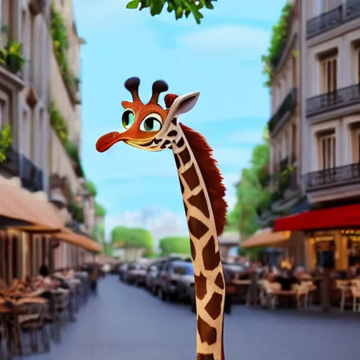 Prompt: a giraffe with big eyes looking for a cup of coffee in beautiful morning café in Paris. Pixar Disney 4K 3d render funny animation movie Oscar winning trending on ArtStation and Behance. Ratatouille style.