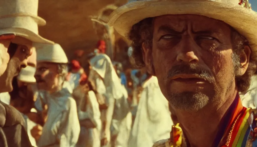 Image similar to movie still by alejandro jodorowsky of a carnival in the desert, cinestill 8 0 0 t eastmancolor technicolor, high quality, very detailed, heavy grain, fine facial features, 8 k, octane render