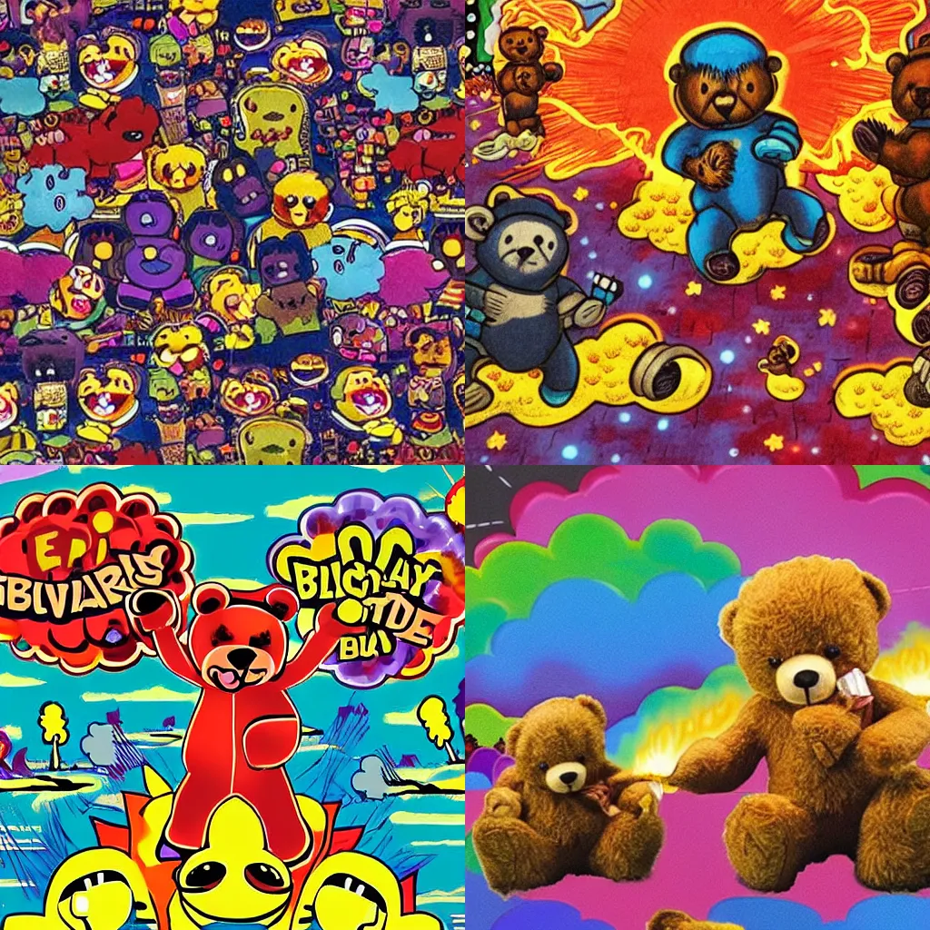 Image similar to a lot of teddy bears fights in epic battle, background a nuclear toxic multi - colored explosion in big town, psychedelic