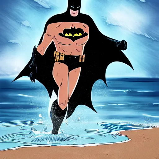 Image similar to batman at the beach swimming in the sea, comic art style, digital art, highly detailed, art station, photo realistic