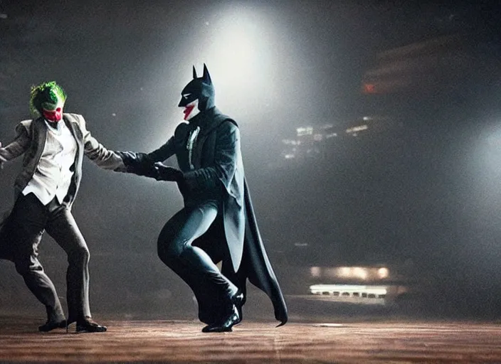 Image similar to Batman and Joker dance together，atmospheric lighting, masterpiece, award winning painting by Emmanuel Lubezki