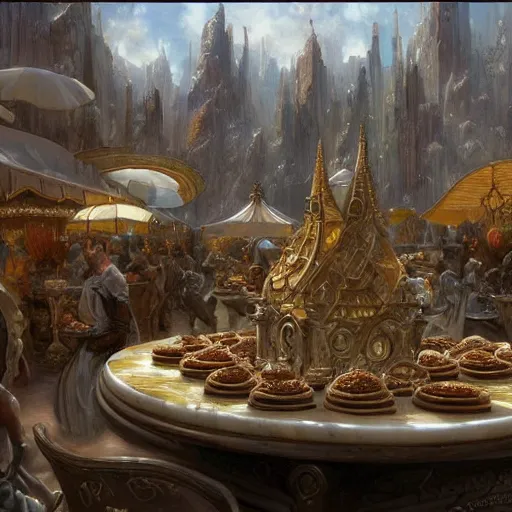 Prompt: Fantasy dessert marketplace in marble and gold, art by Donato Giancola, Craig Mullins, digital art, trending on artstation