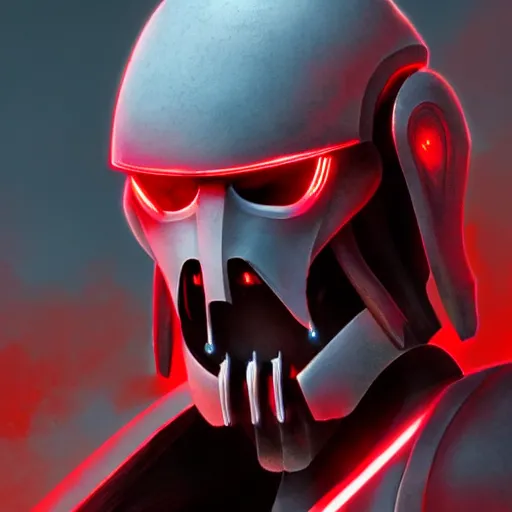 Image similar to general grievous from star wars head coming out of a red mist, trending on artstation, profile pic, centered, accurate anatomy, highly detailed, digital art,