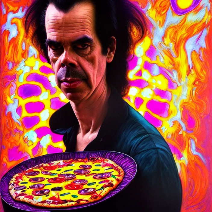 Image similar to bright psychedelic portrait of nick cave baking a pizza, diffuse lighting, fantasy, intricate, elegant, highly detailed, lifelike, photorealistic, digital painting, artstation, illustration, concept art, smooth, sharp focus, art by John Collier and Albert Aublet and Krenz Cushart and Artem Demura and Alphonse Mucha