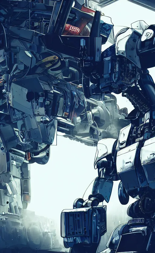 Image similar to a closeup shot of a robot being repaired in warehouse,cyberpunk,2077,big mecha,gundam,8k,high detailed,comic style,manga,epic