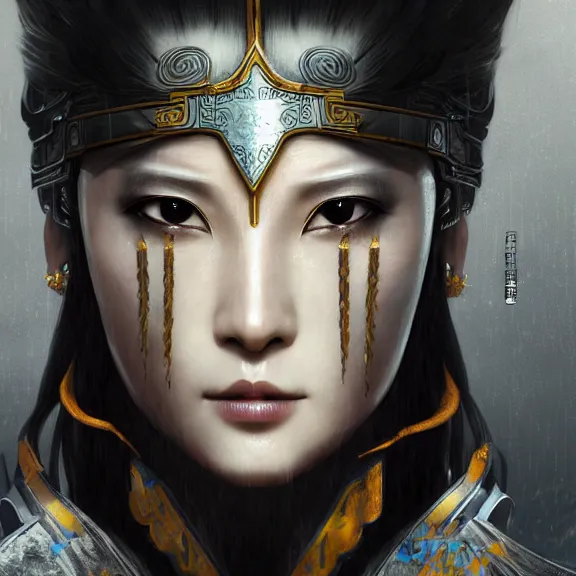 Image similar to ancient chinese princess with cyberpunk mask, dynasty warriors, elegant, unreal engine, rgb background, 8 k, silver color scheme, headshot, highly detailed, smooth, ink painting, artstation, concept art, in style of yoji shinkawa, pan ren wei, col price, atey ghailan, by greg rutkowski, aesthetic