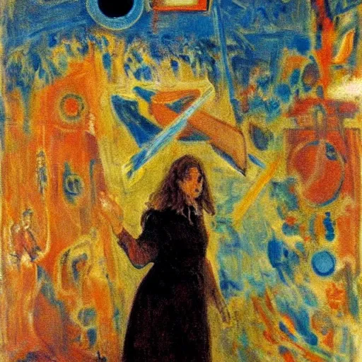 Prompt: A performance art. A rip in spacetime. Did this device in her hand open a portal to another dimension or reality?! warm blue by Leon Kossoff