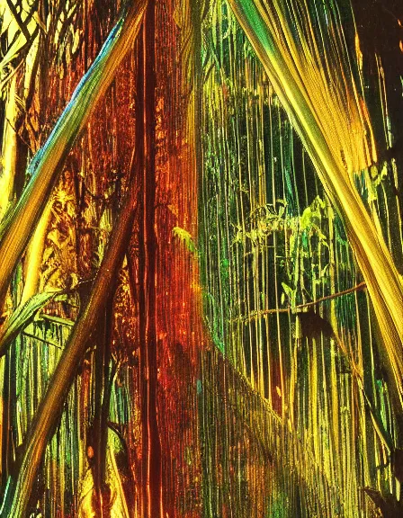 Image similar to vintage color photo of a masive 1 1 0 million years old abstract sculpture made of light beams and liquid gold covered by the jungle vines